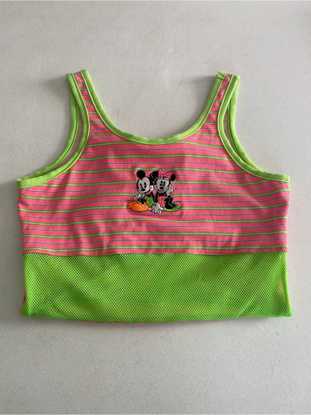 Mickey & Co 90s Vtg One Piece Swim Suit Pink & Lime Green Stripes Mickey Minnie